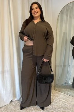 Brown Textured Elastic Waist Wide Leg Pants