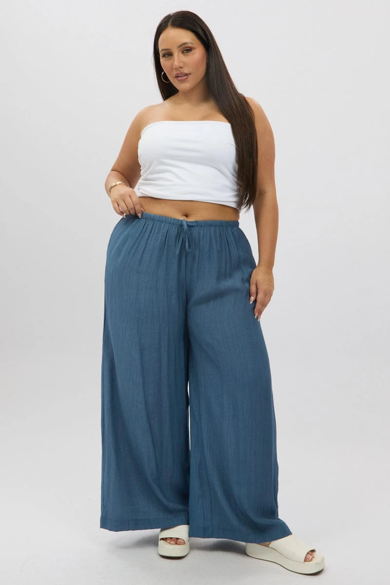 Blue Textured Wide Leg Pants 2 Blue Textured Wide Leg Pants - Image 2