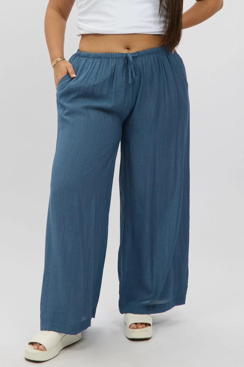 Blue Textured Wide Leg Pants 3 Blue Textured Wide Leg Pants - Image 3