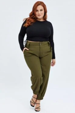 Green Slim Pants Elastic Hem High Rise