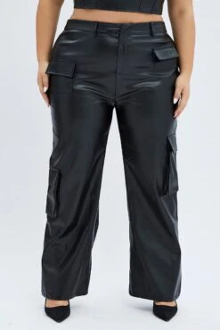 Black Cargo Pants Straight Fit High Rise Faux Leather -You And All Fashion Store cbt2870 38pb black 3
