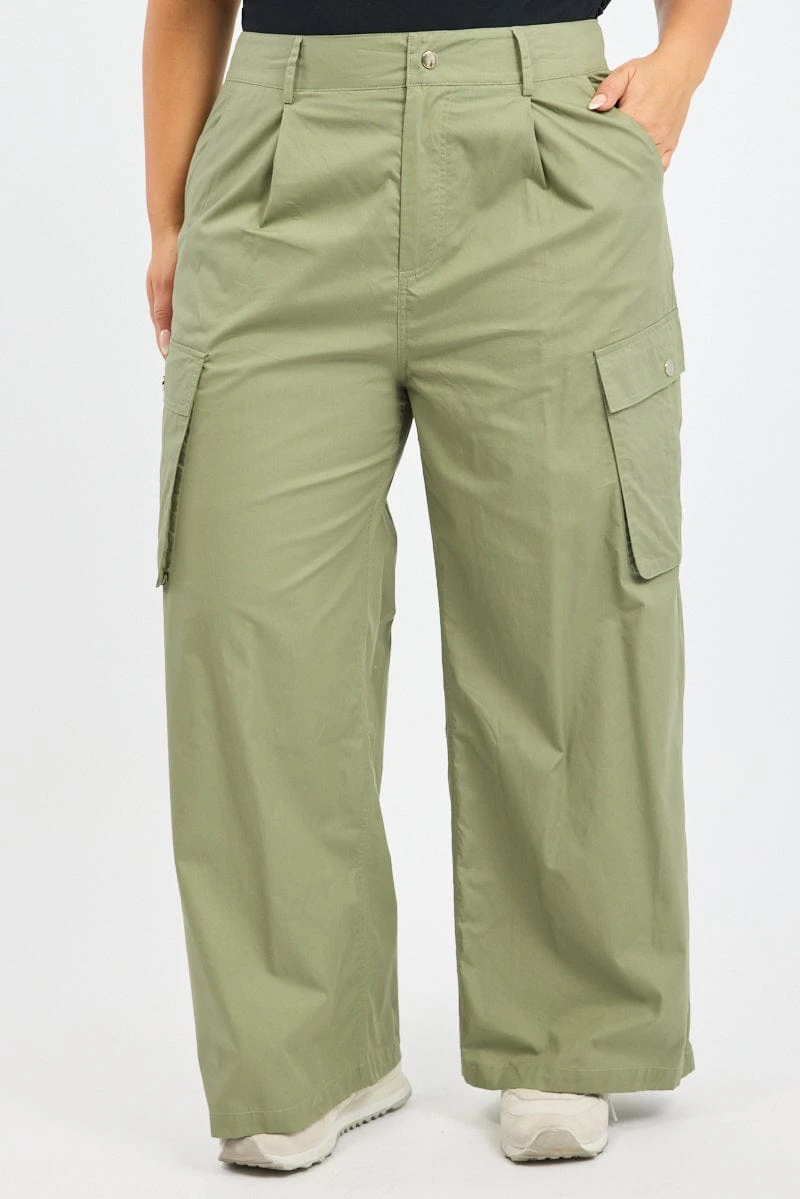 Green Cotton Blend Wide Leg Cargo Pants 2 Green Cotton Blend Wide Leg Cargo Pants - Image 2