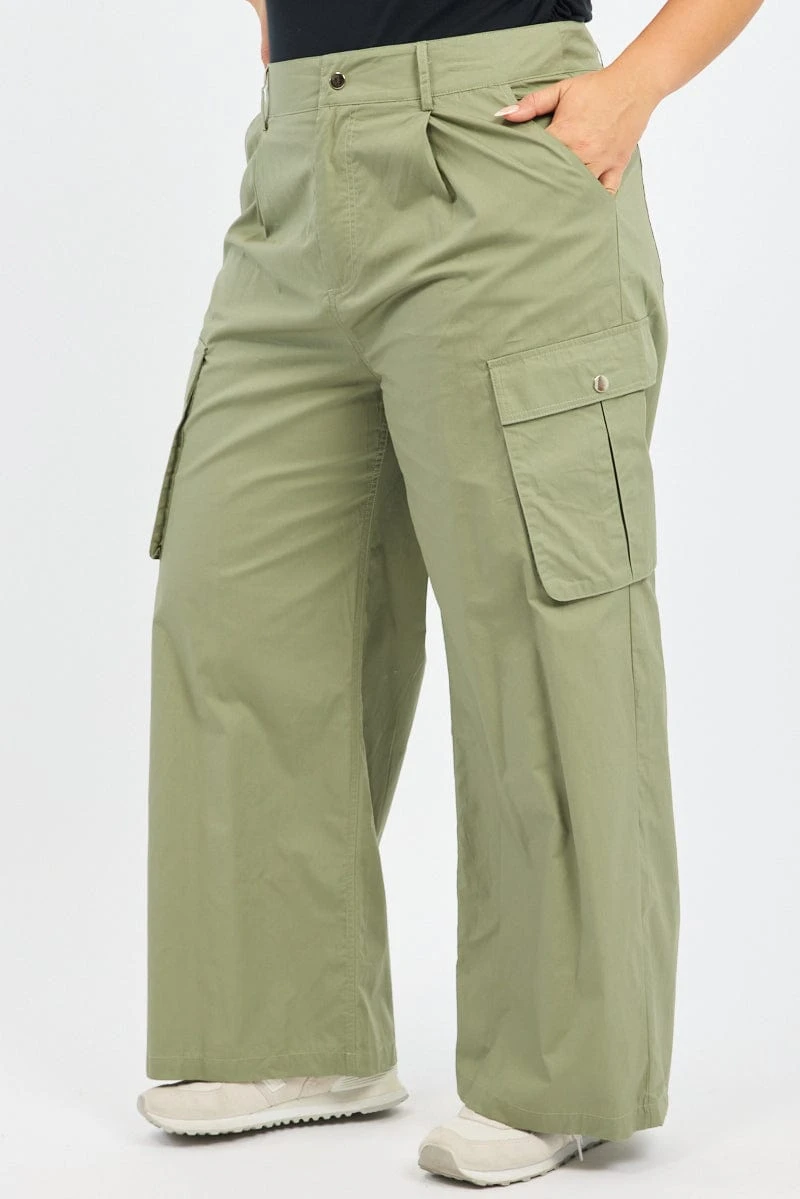 Green Cotton Blend Wide Leg Cargo Pants 3 Green Cotton Blend Wide Leg Cargo Pants - Image 3