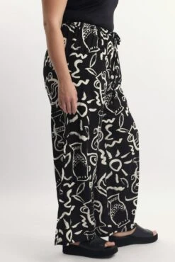 Black Abstract Drawstring Waist Linen Blend Wide Leg Pants -You And All Fashion Store cbt3064ax 10a abstract 3