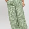 Green Check Drawstring Waist Wide Leg Pants
