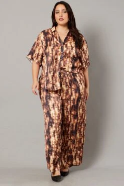 Brown Abstract Wide Leg Pants High Rise Satin -You And All Fashion Store cbt3064ix 47p abstract 3