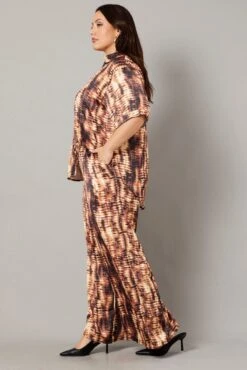 Brown Abstract Wide Leg Pants High Rise Satin -You And All Fashion Store cbt3064ix 47p abstract 4