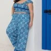 Blue Boho Elastic Waist Border Print Wide Leg Pants