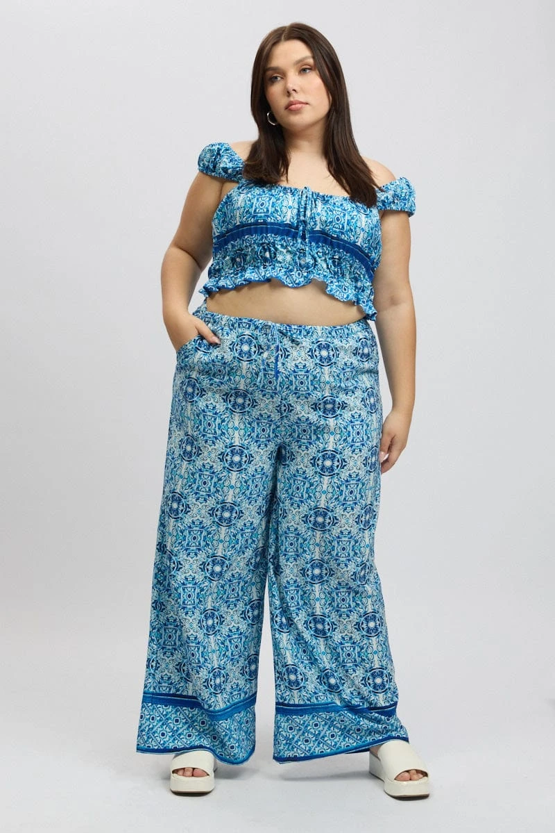 Blue Boho Elastic Waist Border Print Wide Leg Pants 2 Blue Boho Elastic Waist Border Print Wide Leg Pants - Image 2