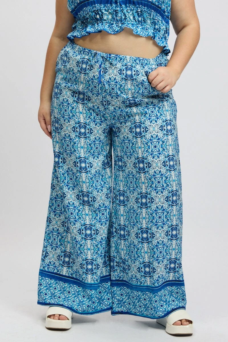 Blue Boho Elastic Waist Border Print Wide Leg Pants 3 Blue Boho Elastic Waist Border Print Wide Leg Pants - Image 3