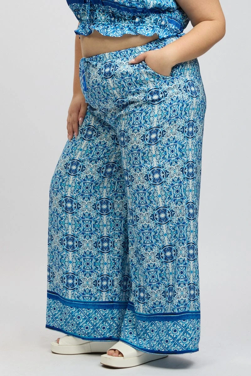 Blue Boho Elastic Waist Border Print Wide Leg Pants 4 Blue Boho Elastic Waist Border Print Wide Leg Pants - Image 4
