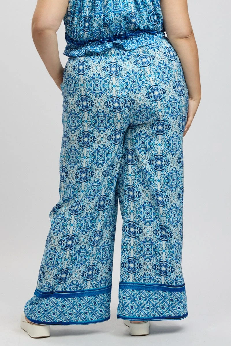 Blue Boho Elastic Waist Border Print Wide Leg Pants 5 Blue Boho Elastic Waist Border Print Wide Leg Pants - Image 5