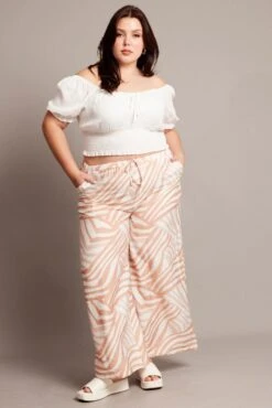 Beige Abstract Elastic Waist Wide Leg Pants