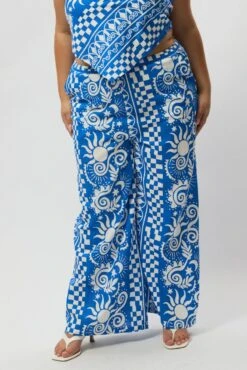 Blue Abstract Drawstring Wide Leg Linen Blend Pants