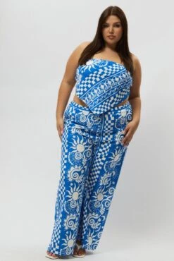 Blue Abstract Drawstring Wide Leg Linen Blend Pants -You And All Fashion Store cbt3064qx 47a abstract 3