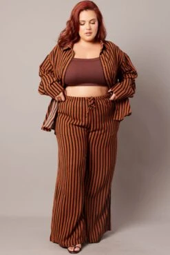 Brown Stripe Wide Leg Pants High Rise -You And All Fashion Store cbt3064qx 47p stripe 2