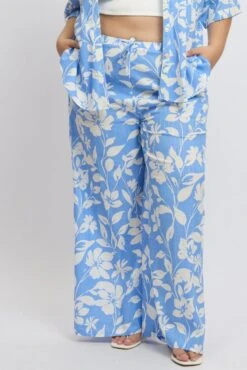 Blue Abstract Drawstring Waist Wide Leg Linen Blend Pants