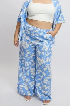 Blue Abstract Drawstring Waist Wide Leg Linen Blend Pants -You And All Fashion Store cbt3064rx 47a abstract 3