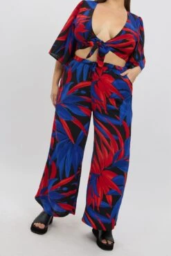 Black Floral Wide Leg Leaf Pants