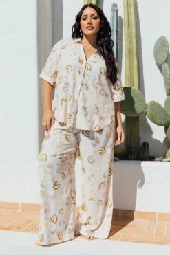 Beige Abstract Wide Leg Linen Blend Tie Waist Pants