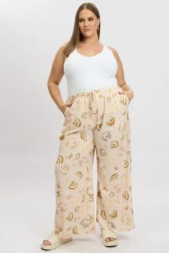 Beige Abstract Wide Leg Linen Blend Tie Waist Pants -You And All Fashion Store cbt3064x 10a abstract 3