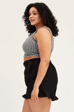 Black Belted Shorts Mid Rise Linen Blend Ruffle Hem -You And All Fashion Store cbt31069 36p black 4