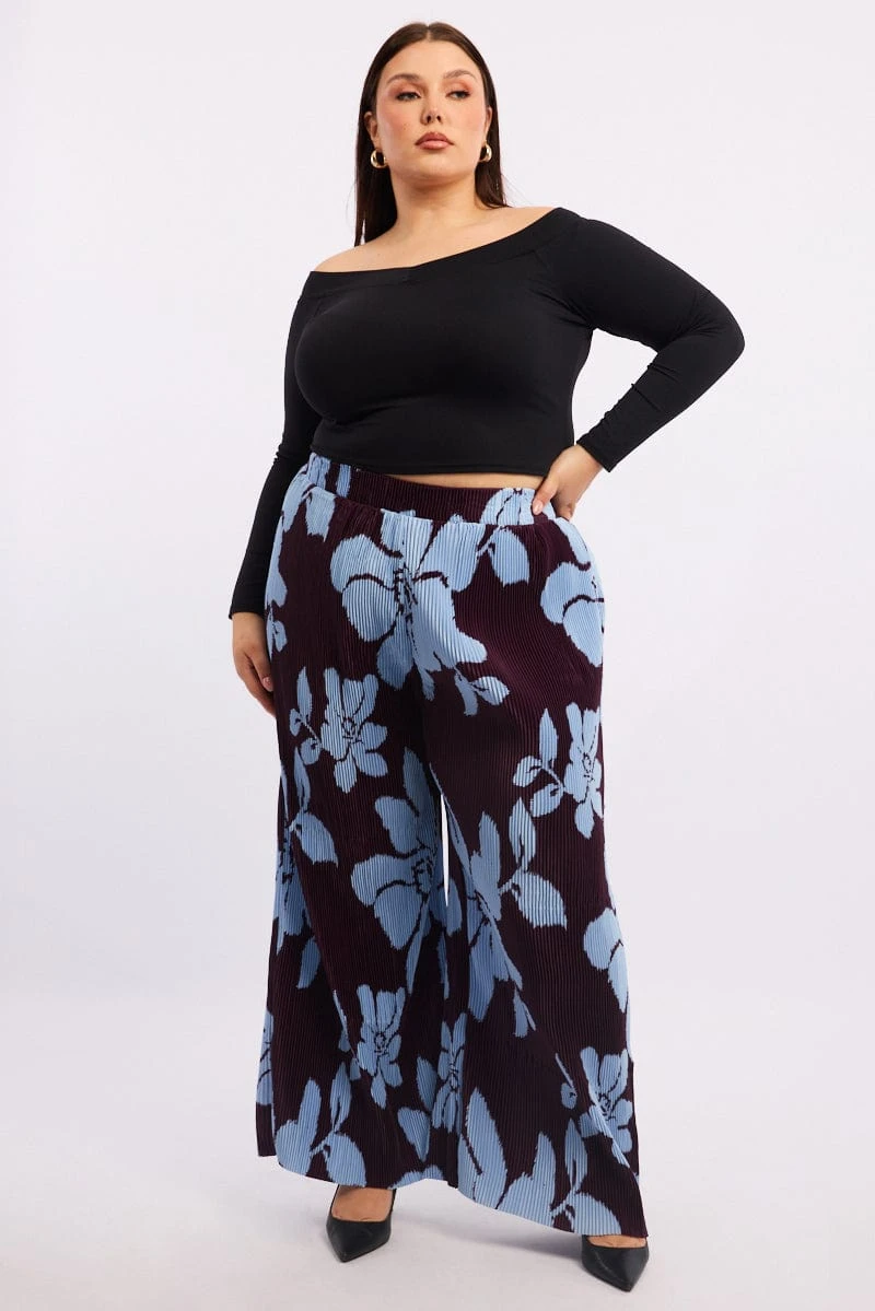 Purple Floral Plisse Pleat Elastic Waist Wide Leg Pants 1 Purple Floral Plisse Pleat Elastic Waist Wide Leg Pants