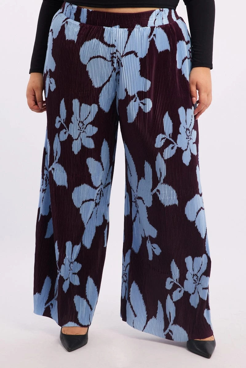Purple Floral Plisse Pleat Elastic Waist Wide Leg Pants 2 Purple Floral Plisse Pleat Elastic Waist Wide Leg Pants - Image 2