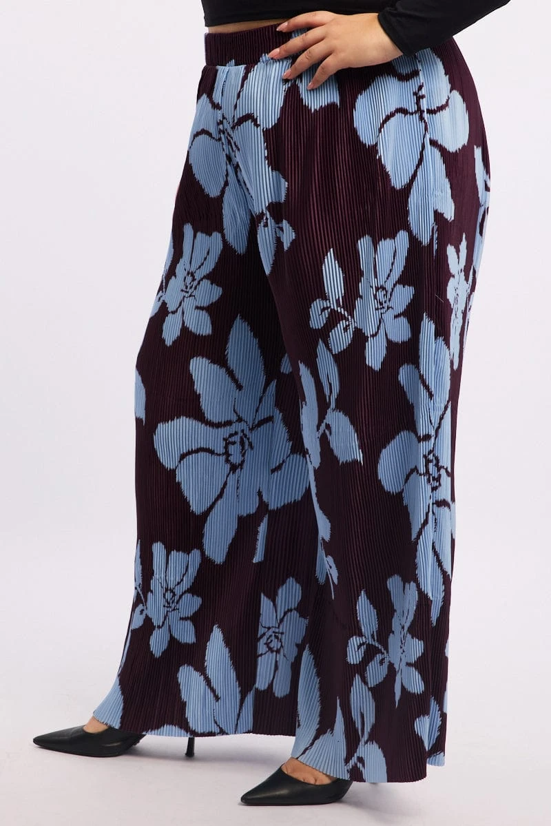 Purple Floral Plisse Pleat Elastic Waist Wide Leg Pants 3 Purple Floral Plisse Pleat Elastic Waist Wide Leg Pants - Image 3