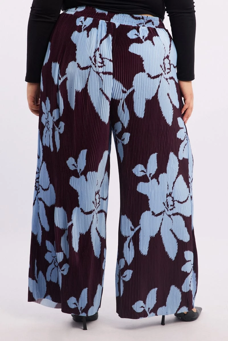 Purple Floral Plisse Pleat Elastic Waist Wide Leg Pants 4 Purple Floral Plisse Pleat Elastic Waist Wide Leg Pants - Image 4