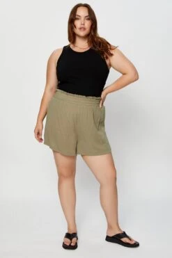 Green Shorts High Rise Shirred Waist -You And All Fashion Store cbt31132 33ab khaki 3