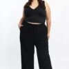 Black Paperbag Elastic Waist Linen Blend Wide Leg Pants