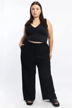 Black Paperbag Elastic Waist Linen Blend Wide Leg Pants