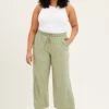 Green High Rise Linen Blend Paper Bag Wide Leg Pants