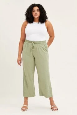 Green High Rise Linen Blend Paper Bag Wide Leg Pants -You And All Fashion Store cbt31133 33p khaki 3