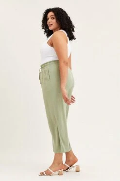 Green High Rise Linen Blend Paper Bag Wide Leg Pants -You And All Fashion Store cbt31133 33p khaki 4