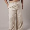 Beige Wideleg Pants Paperbag Elastic Waist Linen Blend