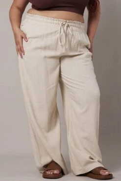 Beige Wideleg Pants Paperbag Elastic Waist Linen Blend -You And All Fashion Store cbt31133a 33p sand 3