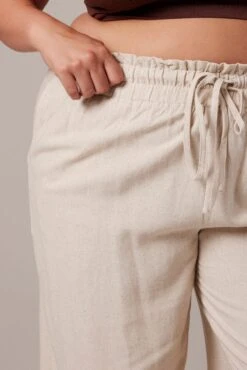 Beige Wideleg Pants Paperbag Elastic Waist Linen Blend -You And All Fashion Store cbt31133a 33p sand 6