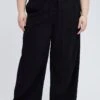 Black Wideleg Pants Paperbag Elastic Waist Linen Blend