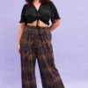 Brown Animal Print Plisse Pants Wide Leg
