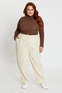 White Elastic Waist Cord Slim Leg Pant