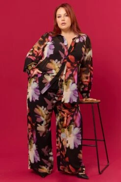 Multi Abstract Blurred Lined Wide Leg Pants