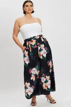 Black Floral Wide Leg Pleat Front Crepe Pants