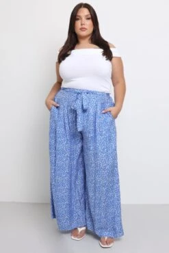 Blue Ditsy Tie Waist Wide Leg Pants