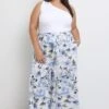Blue Floral Wide Leg Pants Belted