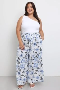 Blue Floral Wide Leg Pants Belted