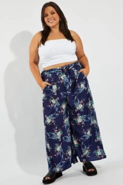 Multi Floral Wide Leg Pants Belted