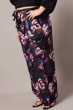 Black Floral Wide Leg Pants Belted