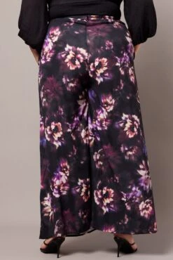 Black Floral Wide Leg Pants Belted -You And All Fashion Store cbt31605o 34p floral 5